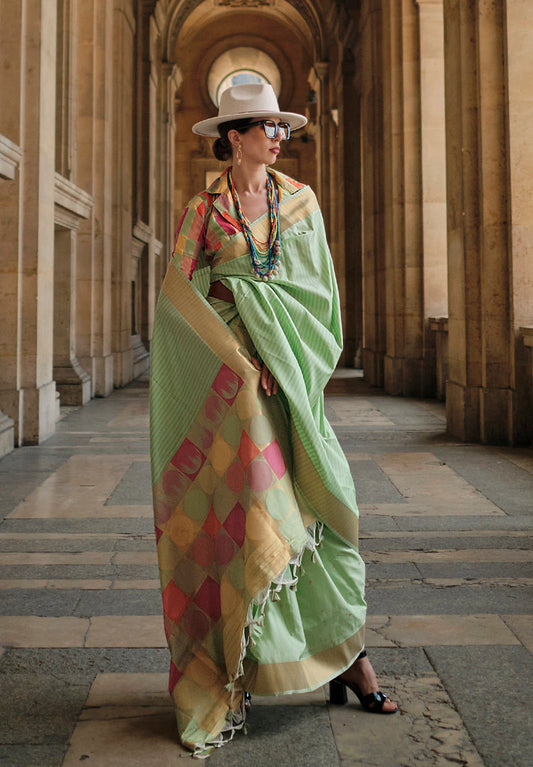 Light Green Soft Handloom Silk Woven Work Saree With Blouse
