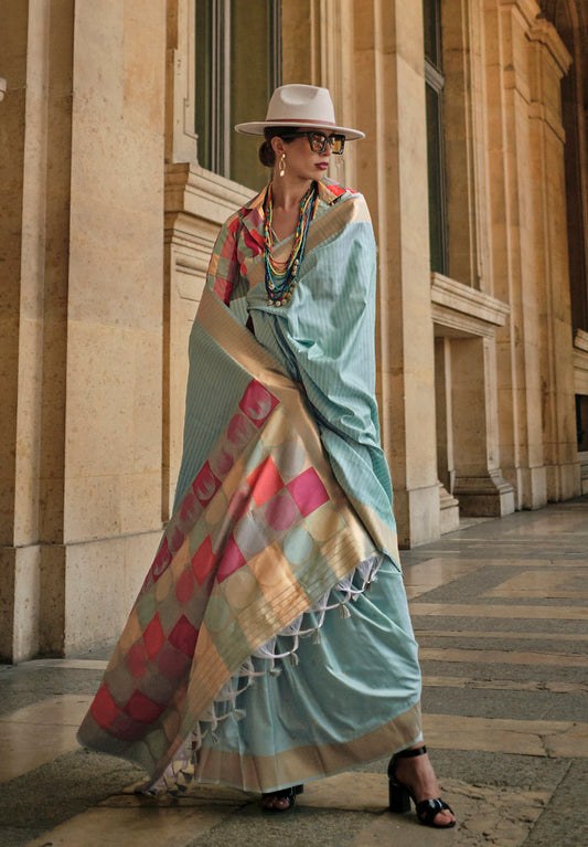 Aqua Blue Soft Handloom Silk Woven Work Saree With Blouse