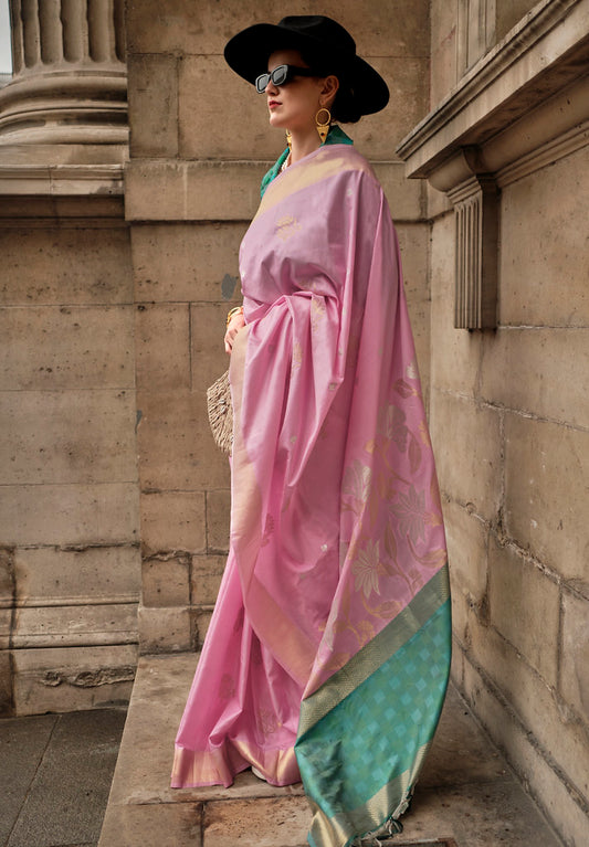 Light Pink Soft Handloom Silk Woven Work Saree With Blouse