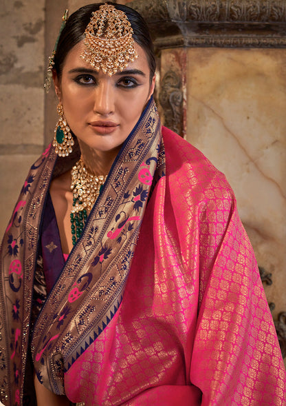 Rani Pink Patola Silk Woven With Swarovski Work Saree With Blouse