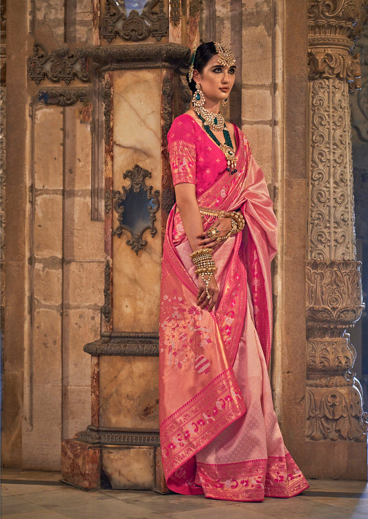 Baby Pink Patola Silk Woven With Swarovski Work Saree With Blouse