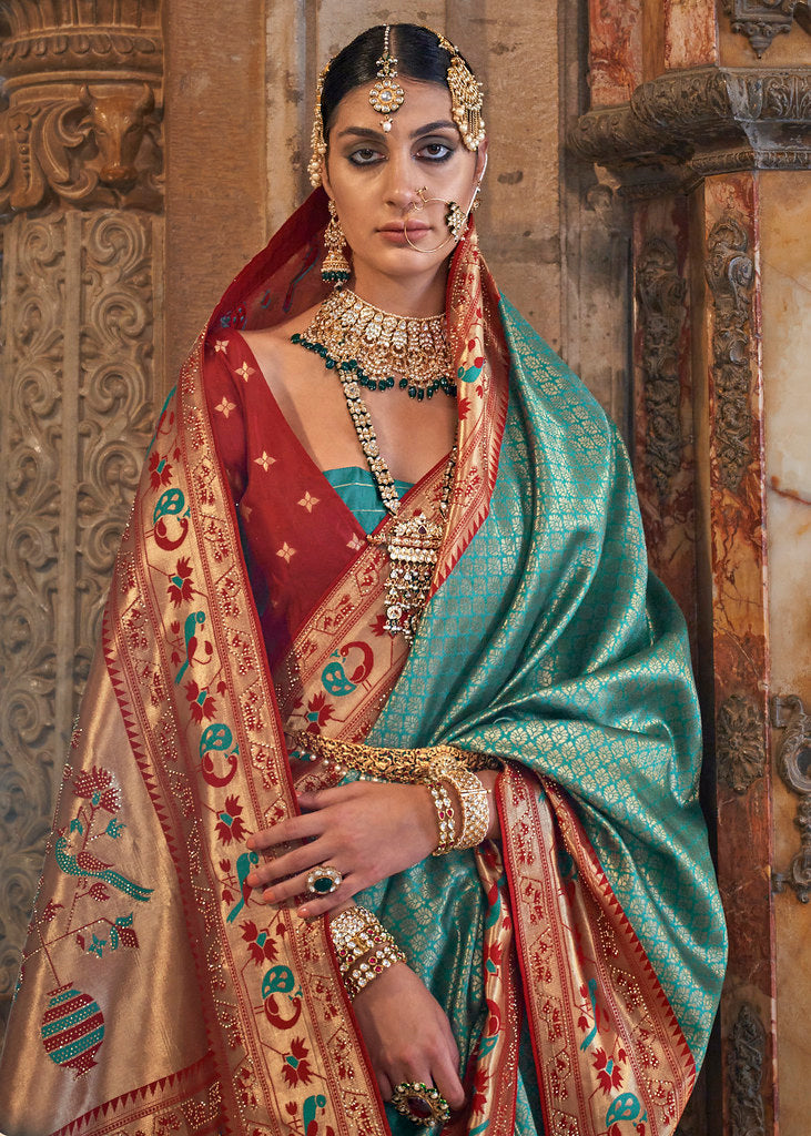 Turquoise Patola Silk Woven With Swarovski Work Saree With Blouse