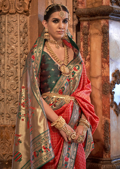 Red Patola Silk Woven With Swarovski Work Saree With Blouse