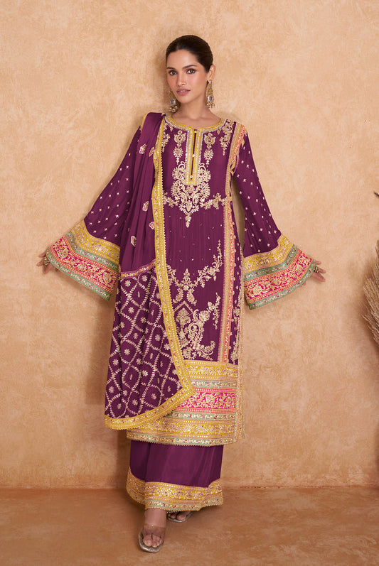Wine Real Chinon Heavy Thread Embroidery With Sequins Work Salwar Kameez (Fully Free 44 Size Stitched)