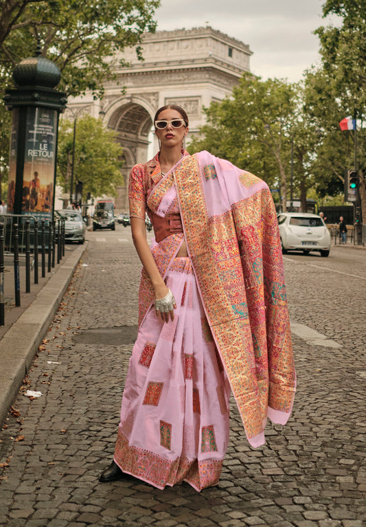 Light Pink Kashmiri Handloom Silk Woven Work Saree With Blouse