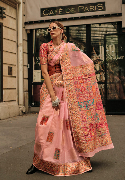 Peach Pink Kashmiri Handloom Silk Woven Work Saree With Blouse