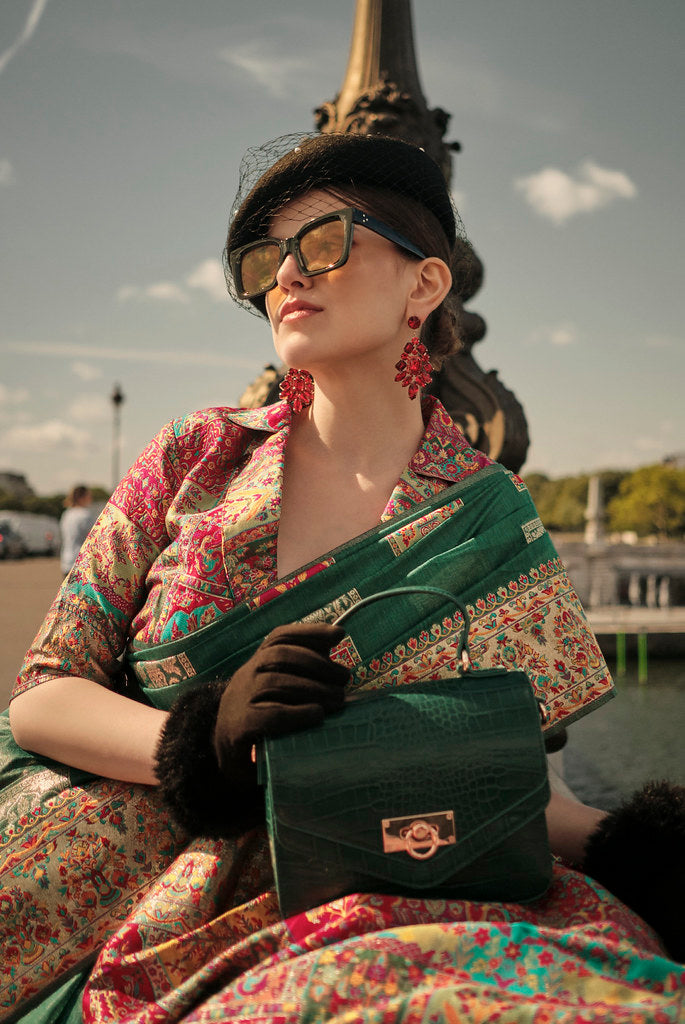 Green Kashmiri Handloom Silk Woven Work Saree With Blouse