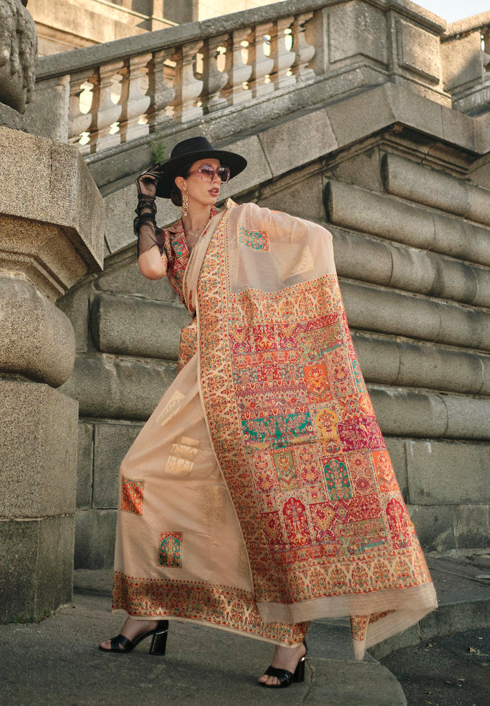 Cream Kashmiri Handloom Silk Woven Work Saree With Blouse