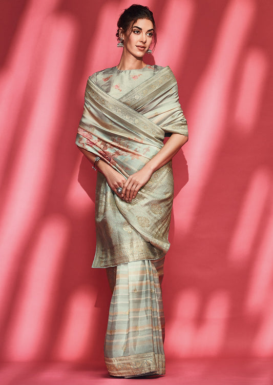Grey Pure Viscose Jacquard Woven With Digital Print Saree With Blouse