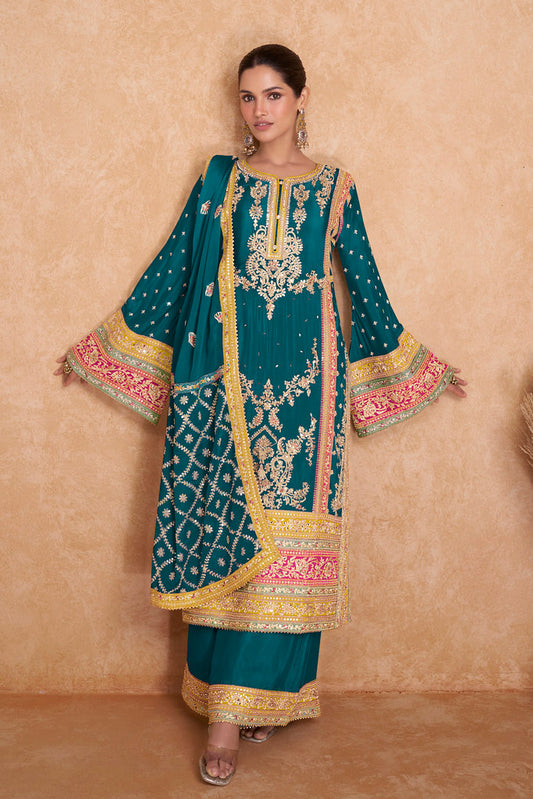 Teal Blue Real Chinon Heavy Thread Embroidery With Sequins Work Salwar Kameez (Fully Free 44 Size Stitched)