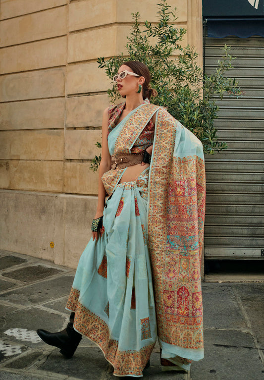 Sky Blue Kashmiri Handloom Silk Woven Work Saree With Blouse