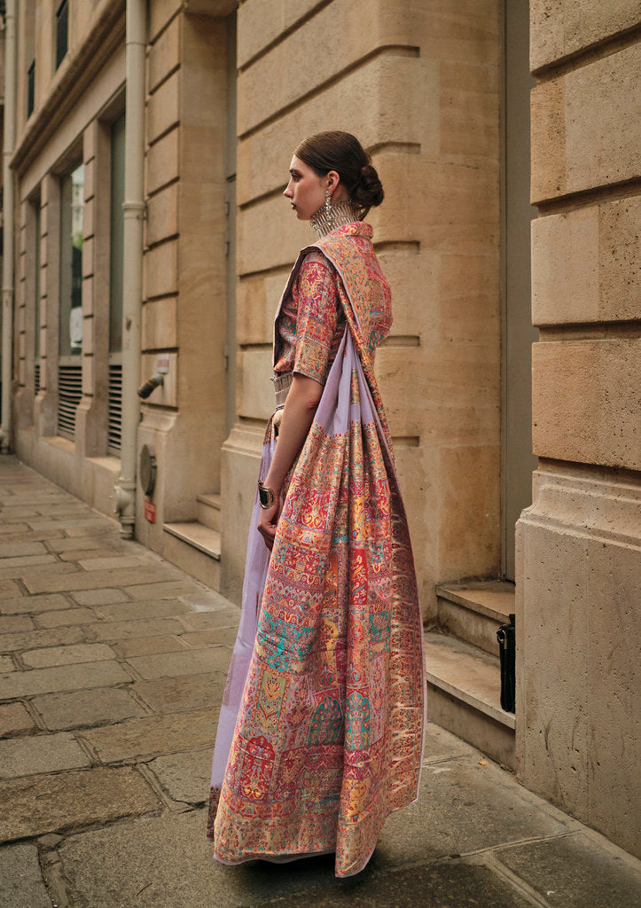 Lavender Kashmiri Handloom Silk Woven Work Saree With Blouse