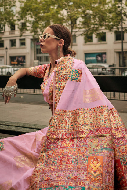 Light Pink Kashmiri Handloom Silk Woven Work Saree With Blouse
