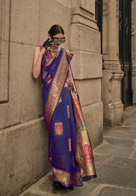 Blue Kashmiri Handloom Silk Woven Work Saree With Blouse