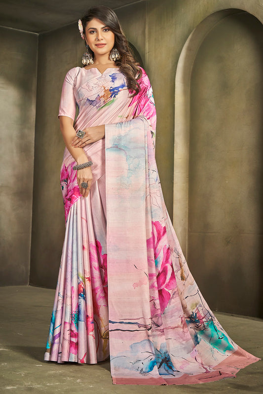 Multicolor Crepe Digital Print Saree With Pink Blouse