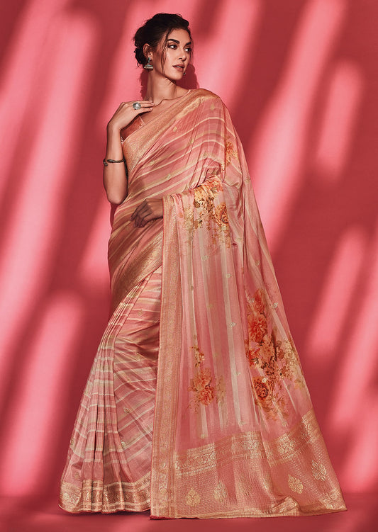 Dusty Pink Pure Viscose Jacquard Woven With Digital Print Saree With Blouse