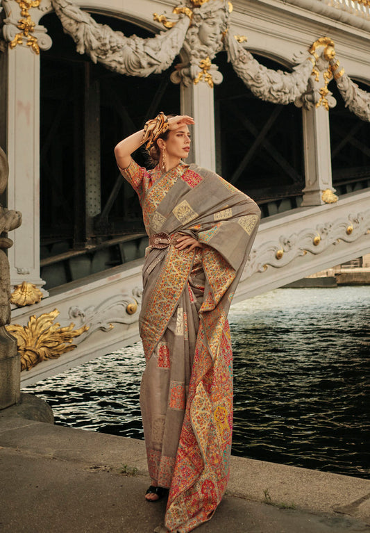 Greige Kashmiri Handloom Silk Woven Work Saree With Blouse