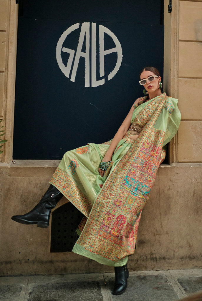 Pista Green Kashmiri Handloom Silk Woven Work Saree With Blouse