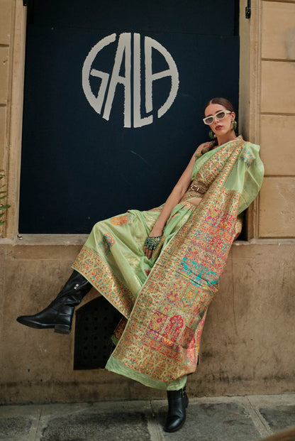 Pista Green Kashmiri Handloom Silk Woven Work Saree With Blouse