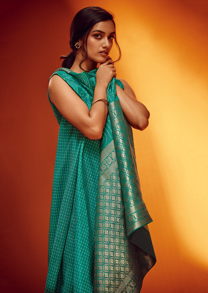 Rama Green Viscose Jacquard Woven With Digital Print Saree With Blouse