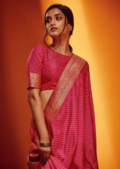 Rani Pink Viscose Jacquard Woven With Digital Print Saree With Blouse