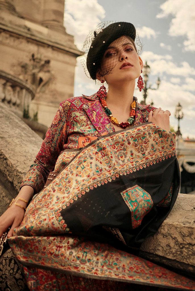 Black Kashmiri Handloom Silk Woven Work Saree With Blouse