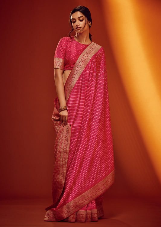 Rani Pink Viscose Jacquard Woven With Digital Print Saree With Blouse