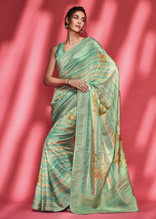 Rama Green Pure Viscose Jacquard Woven With Digital Print Saree With Blouse