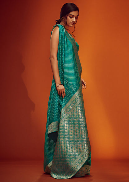Rama Green Viscose Jacquard Woven With Digital Print Saree With Blouse