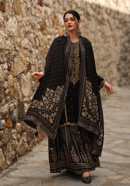 Black Viscose Georgette Satin Thread Embroidery Work Salwar Kameez