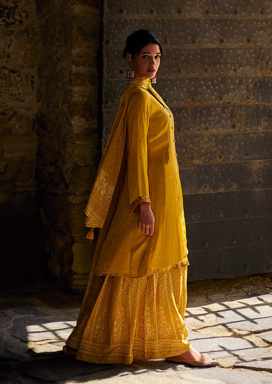 Yellow Viscose Georgette Satin Thread Embroidery Work Salwar Kameez