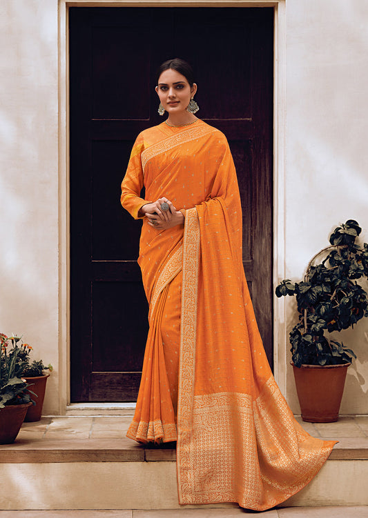 Orange Viscose Printed With Woven Work Saree With Blouse