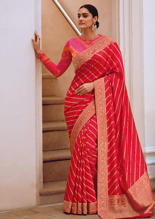 Red Viscose Printed With Woven Work Saree With Blouse