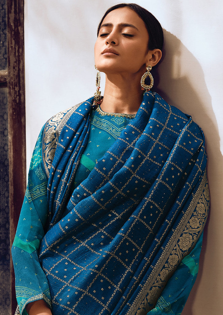 Blue Viscose Printed With Woven Work Saree With Blouse
