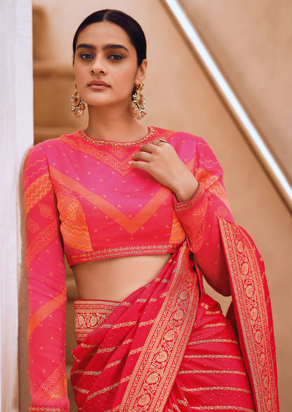 Red Viscose Printed With Woven Work Saree With Blouse