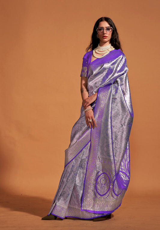Violet Silk Woven Work Saree With Blouse