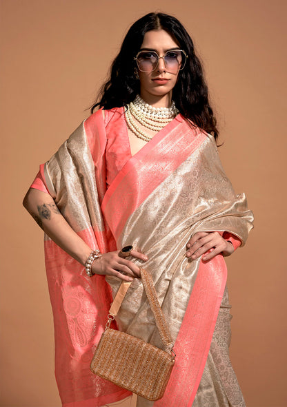 Off White & Gajari Silk Woven Work Saree With Blouse