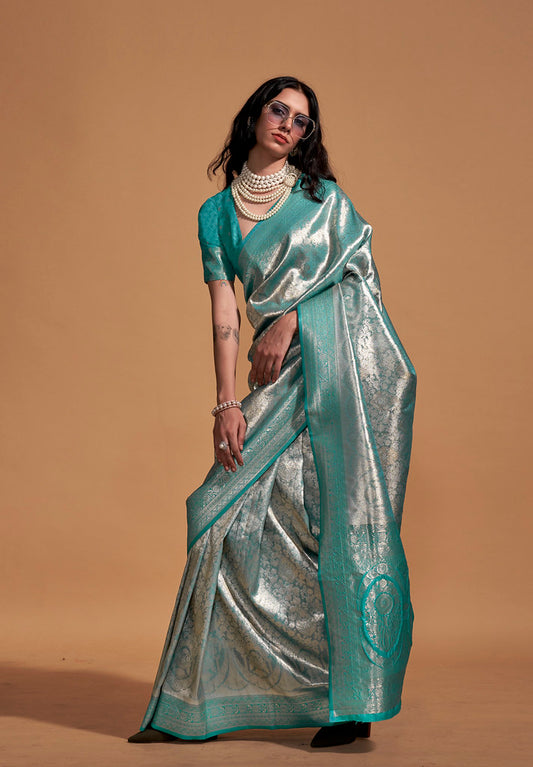 Turquoise Silk Woven Work Saree With Blouse