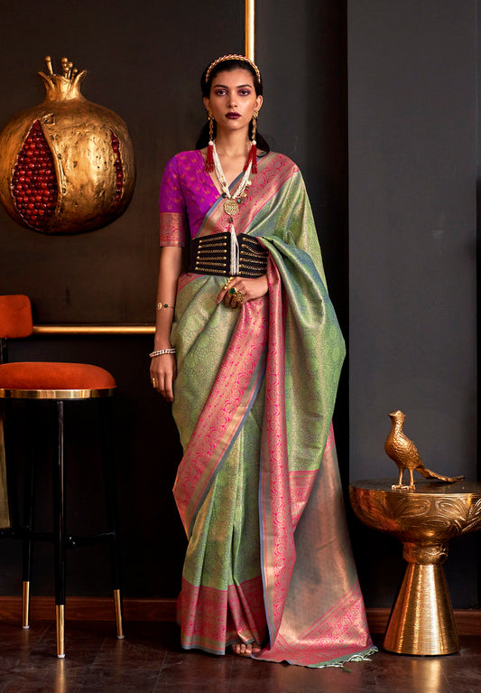 Light Green Handloom Weaving Silk Woven Work Saree With Blouse