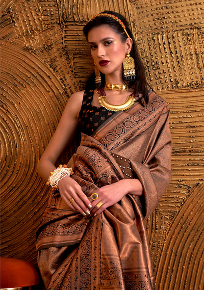 Chocolate Handloom Weaving Silk Woven Work Saree With Blouse