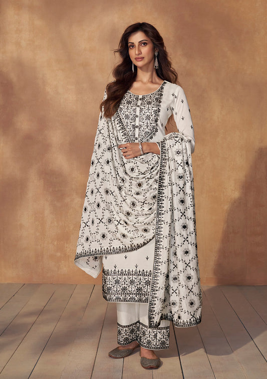 White Premium Silk Thread Embroidery With Sequince Work Salwar Kameez(Fully Free XL Size Stitched)