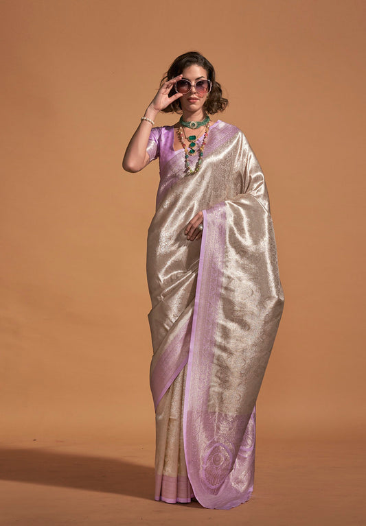 Off White & Lavender Silk Woven Work Saree With Blouse