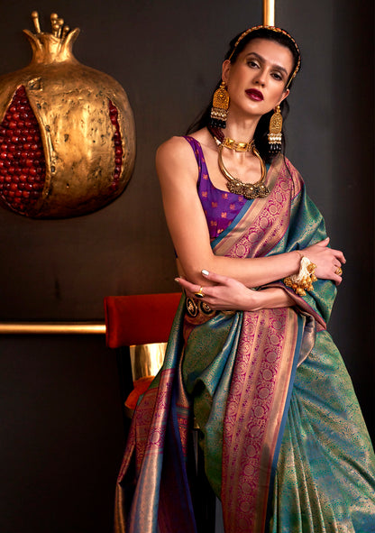 Rama Green Handloom Weaving Silk Woven Work Saree With Blouse