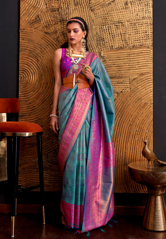 Turquoise Handloom Weaving Silk Woven Work Saree With Blouse