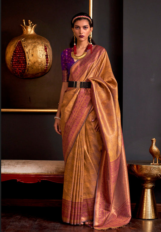 Mustard Handloom Weaving Silk Woven Work Saree With Blouse