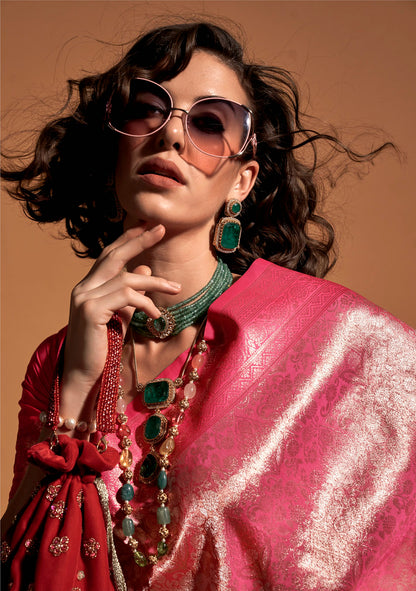 Rani Pink Silk Woven Work Saree With Blouse