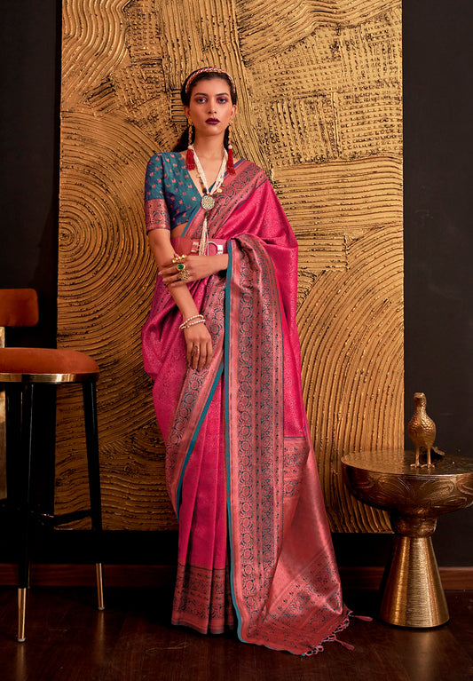 Rani Pink Handloom Weaving Silk Woven Work Saree With Blouse