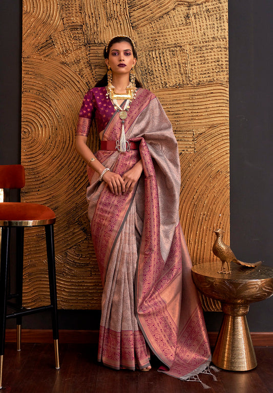Mauve Handloom Weaving Silk Woven Work Saree With Blouse