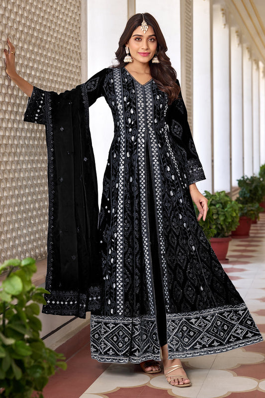 Black Heavy Faux Georgette Heavy Dull Santoon Silk Heavy Thread Embroidery With Sequince Work