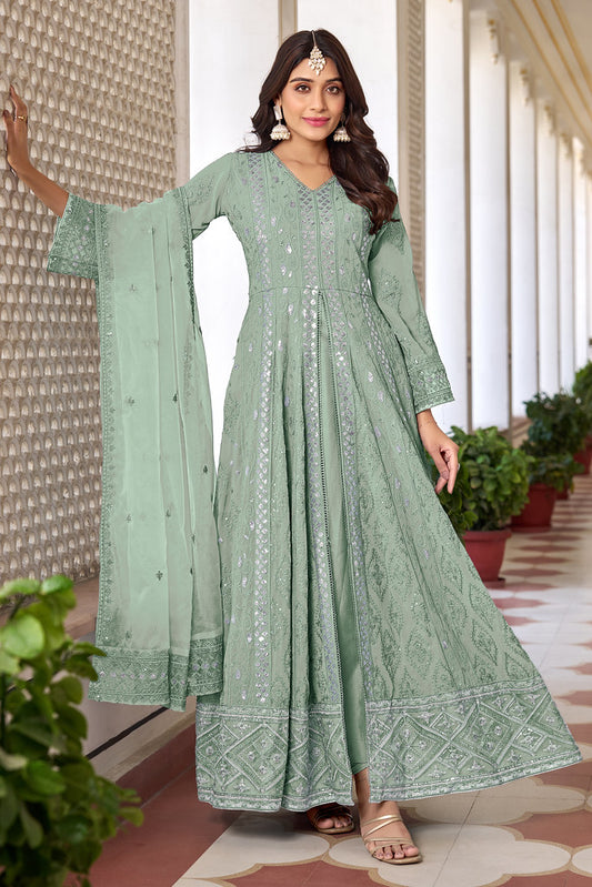 Sage Green Heavy Faux Georgette Heavy Dull Santoon Silk Heavy Thread Embroidery With Sequince Work